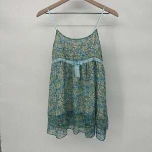 Y2K Fairy Babydoll Tank Top Cami Blue Green Floral Embellished Cottagecore L